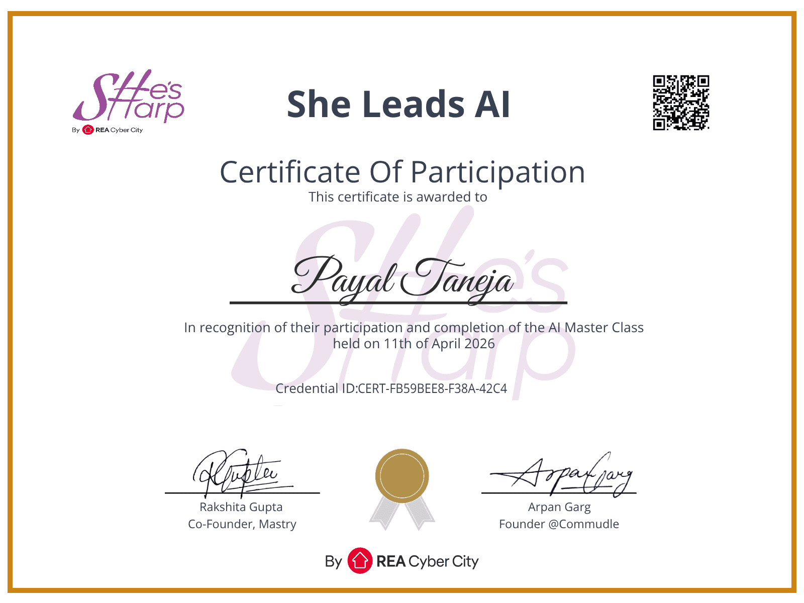Certificate for Payal Taneja