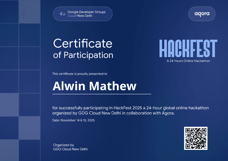 Certificate for Alwin Mathew