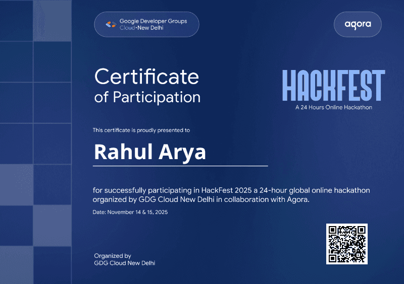 Certificate for Rahul Arya