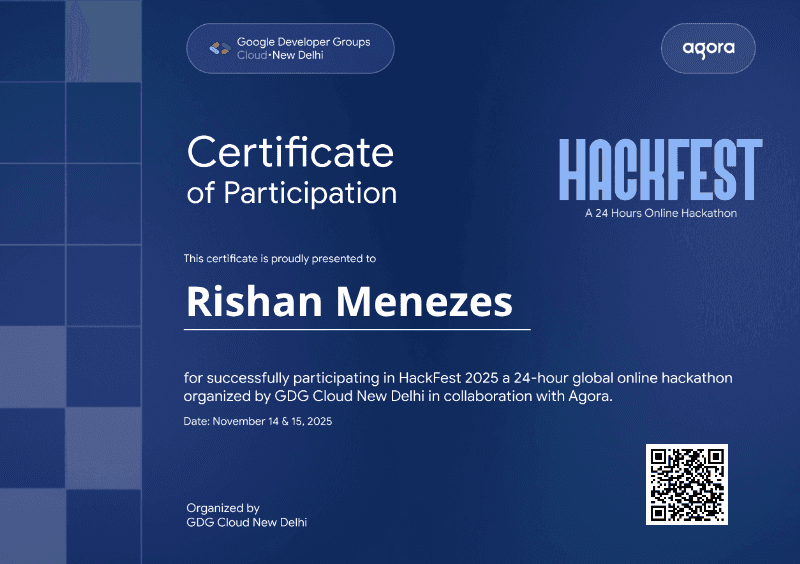Certificate for Rishan Menezes