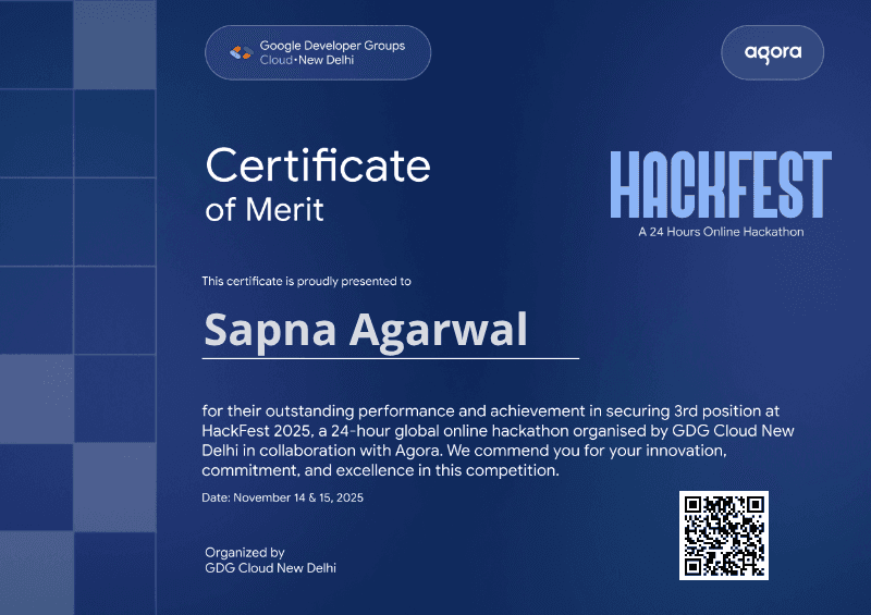 Certificate for Sapna Agarwal