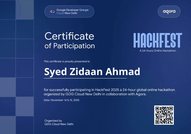 Certificate for Syed Zidaan Ahmad