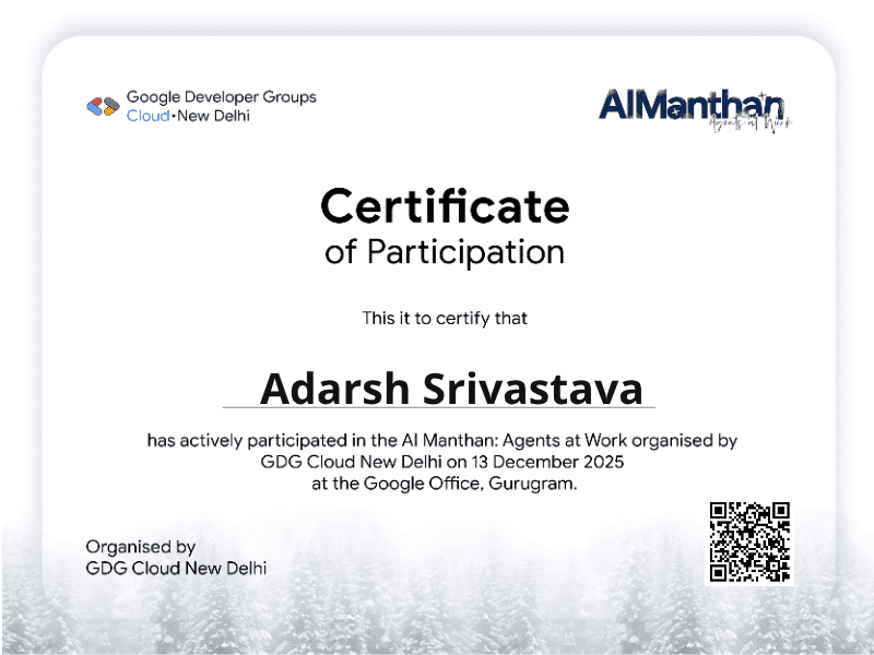 Certificate for Adarsh Srivastava
