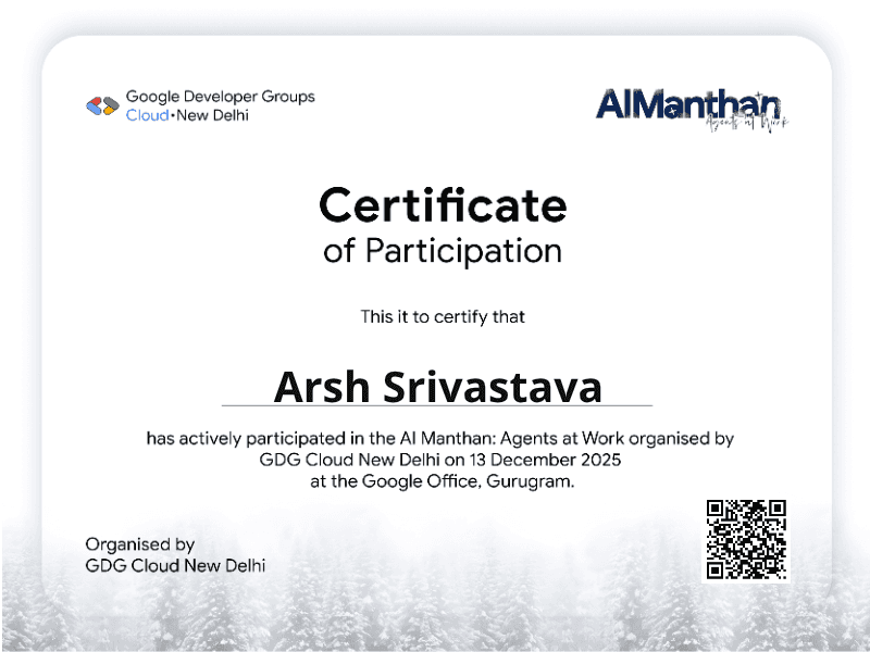 Certificate for Arsh Srivastava