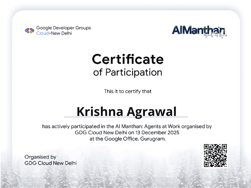 Certificate for Krishna Agrawal