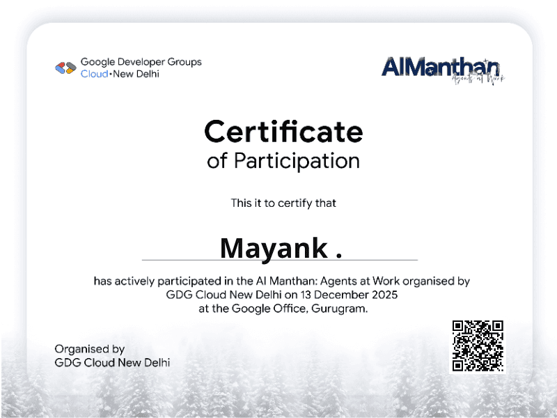 Certificate for Mayank .