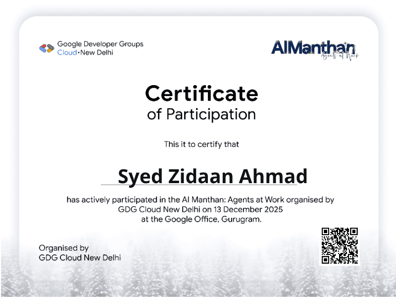 Certificate for Syed Zidaan Ahmad