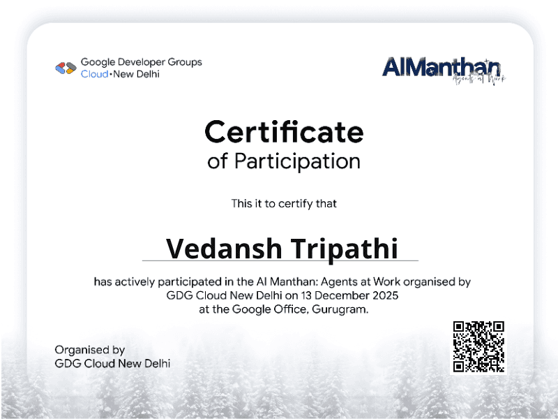 Certificate for Vedansh Tripathi