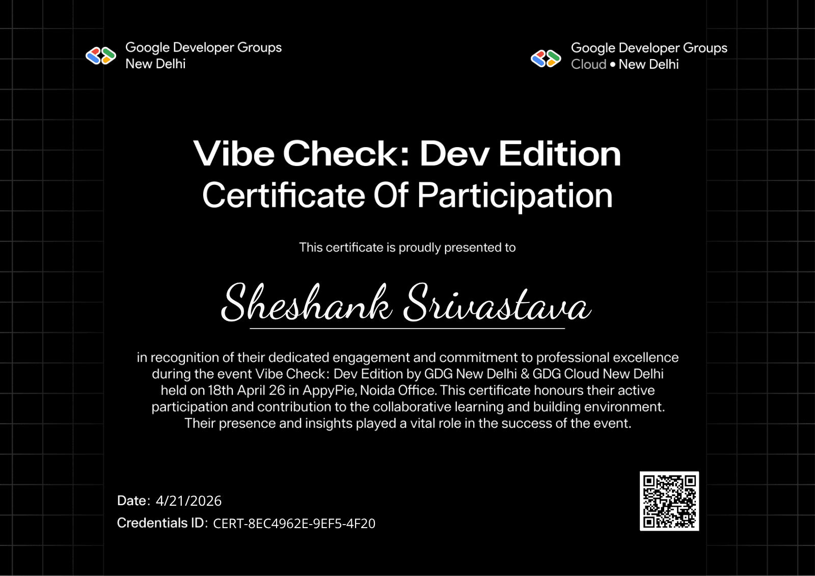 Certificate for Sheshank Srivastava