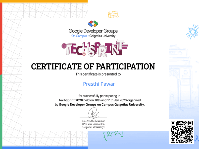 Certificate for Presthi Pawar