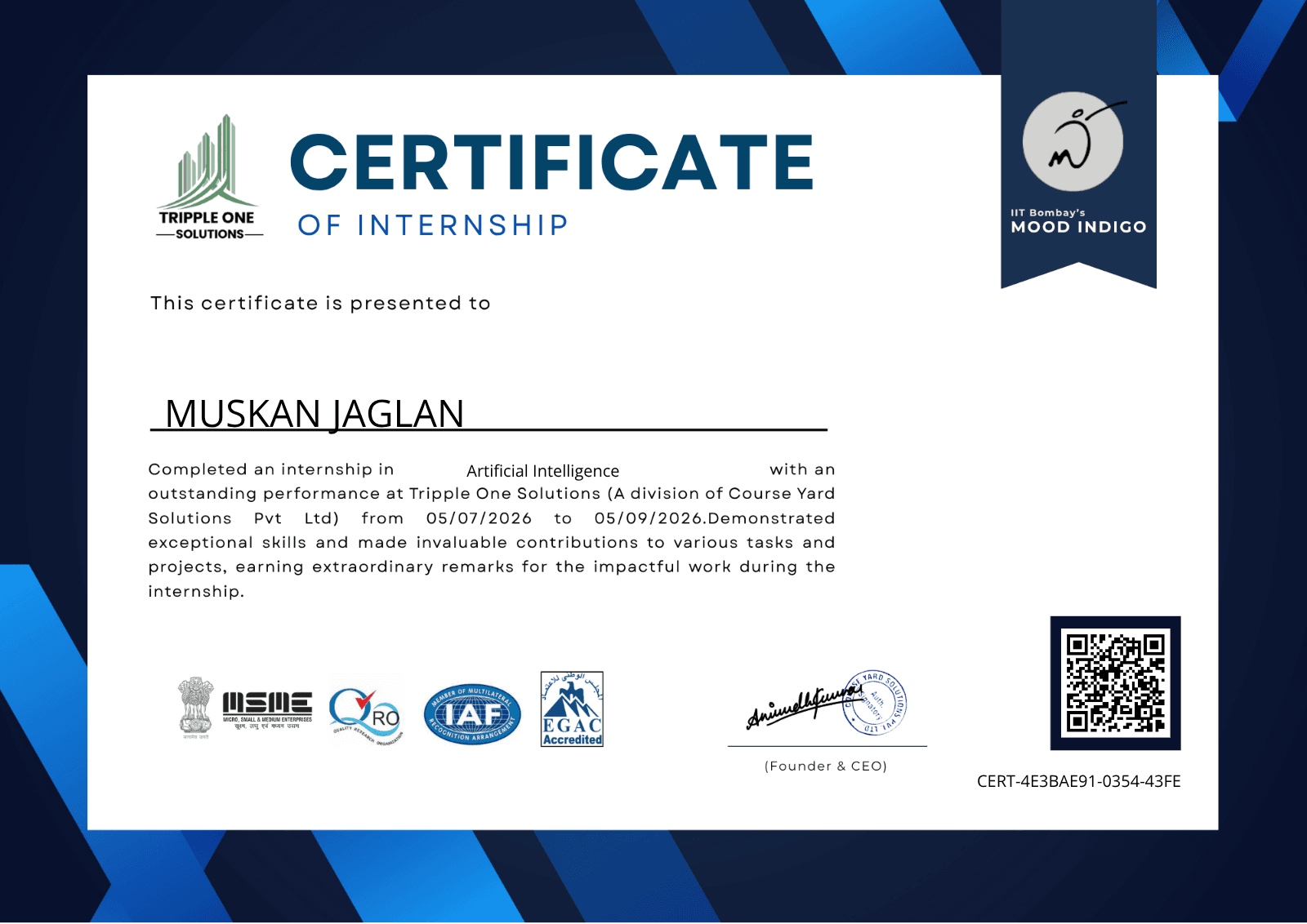 Certificate for MUSKAN JAGLAN