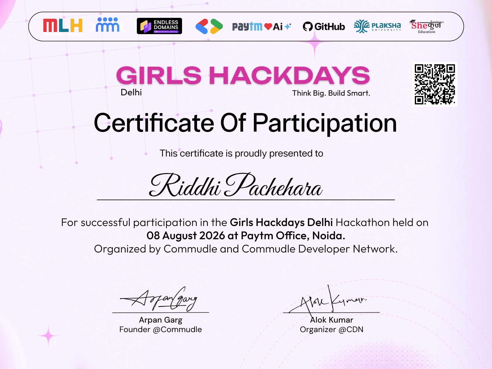 Certificate for Riddhi Pachehara
