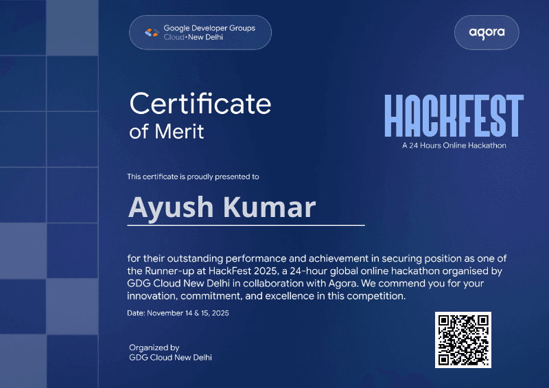 Certificate for Ayush Kumar