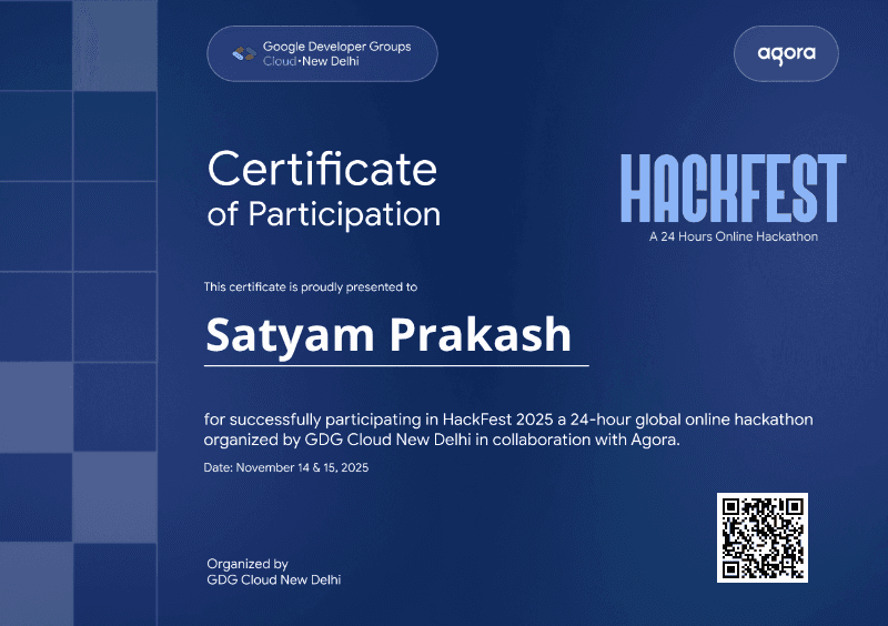 Certificate for Satyam Prakash