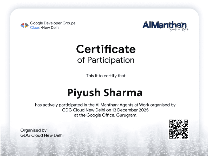 Certificate for Piyush Sharma