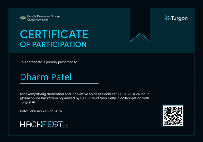 Certificate for Dharm Patel