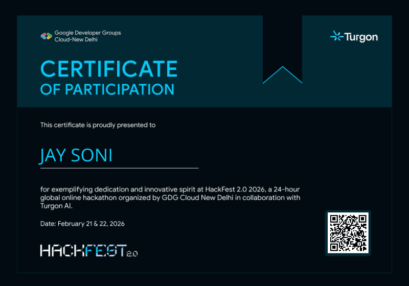 Certificate for JAY SONI