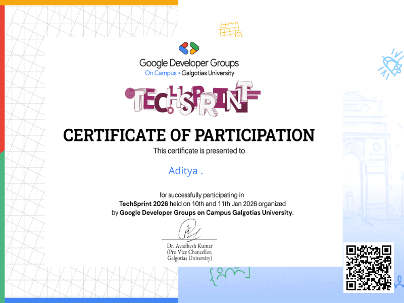 Certificate for Aditya .