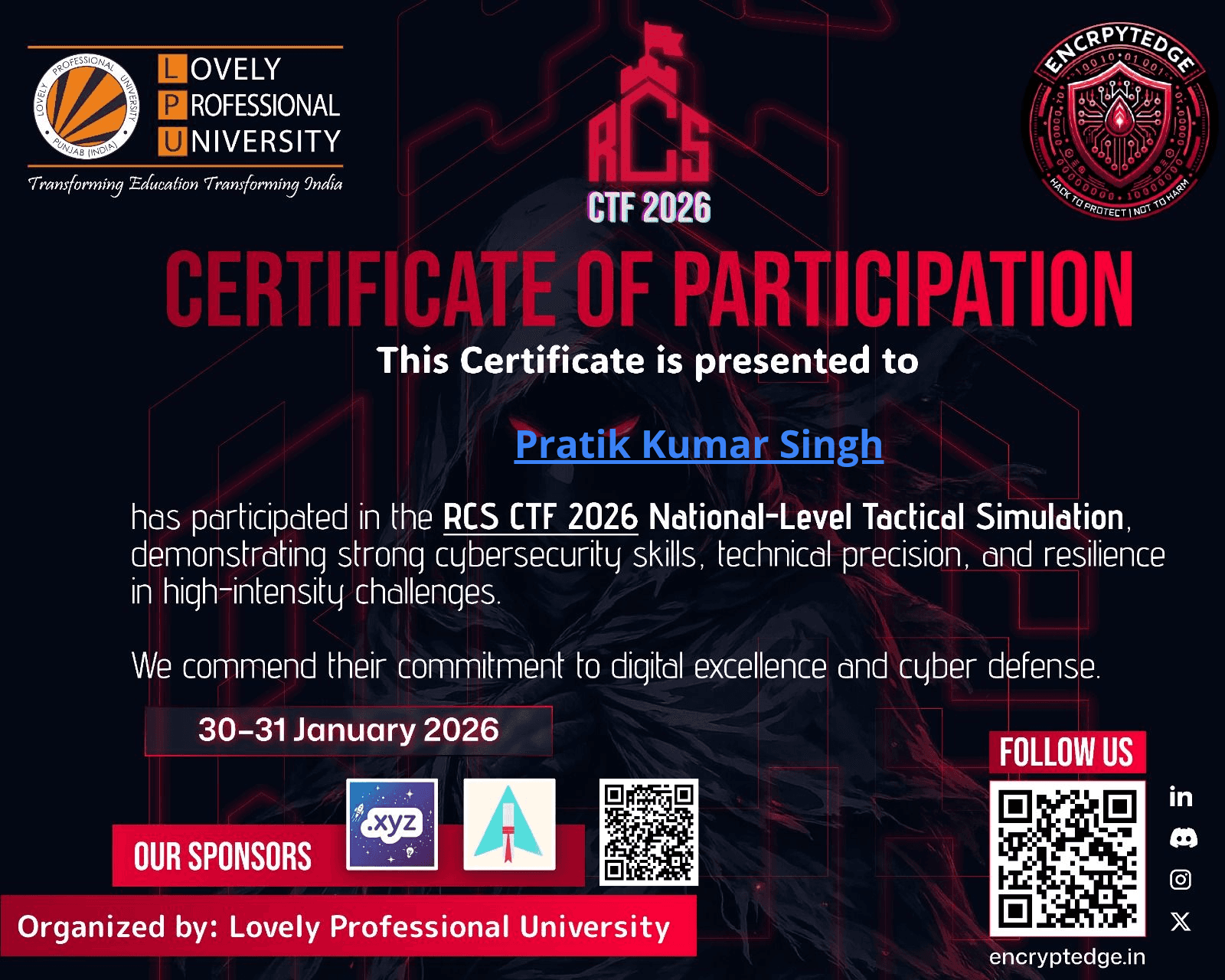 Certificate for Pratik Kumar Singh
