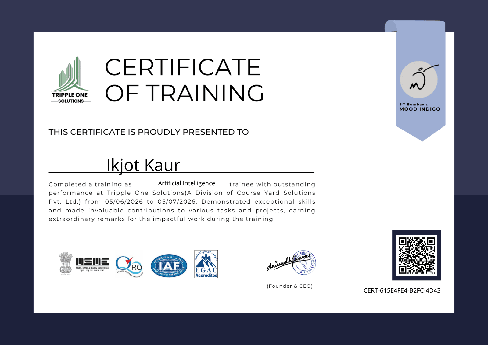 Certificate for Ikjot Kaur