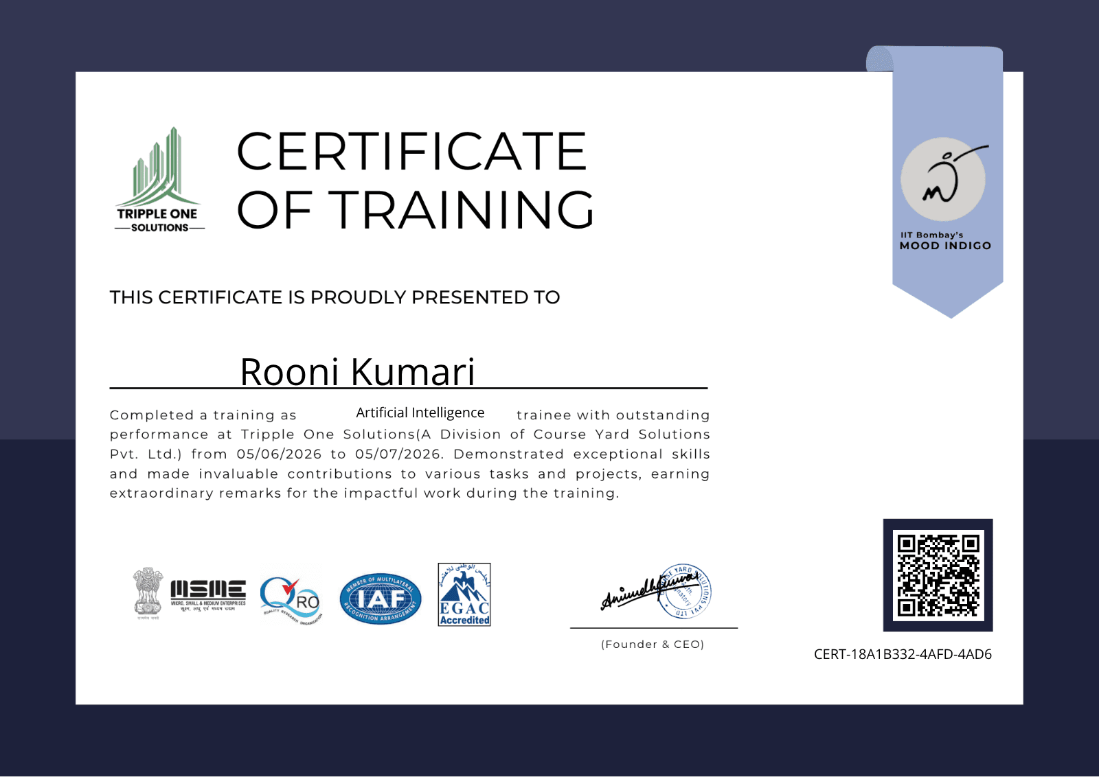 Certificate for Rooni Kumari