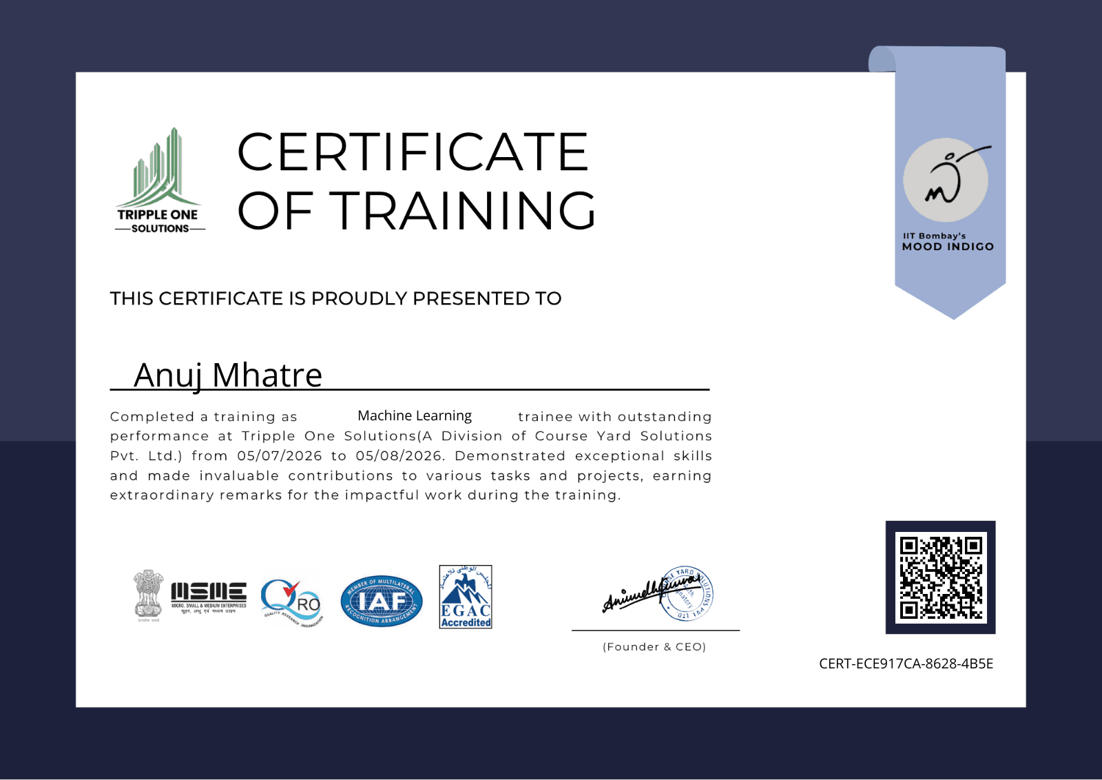 Certificate for Anuj Mhatre