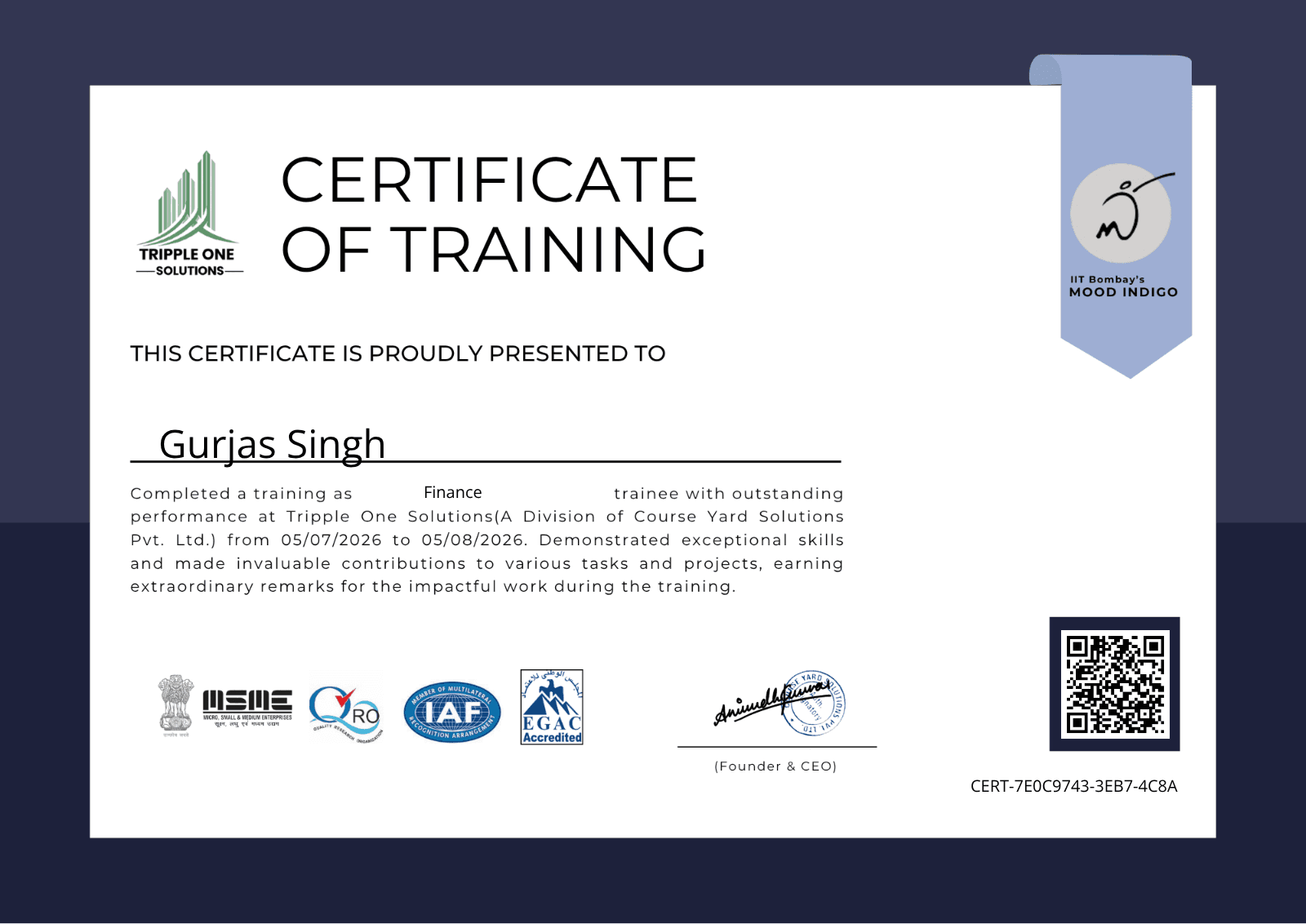 Certificate for Gurjas Singh