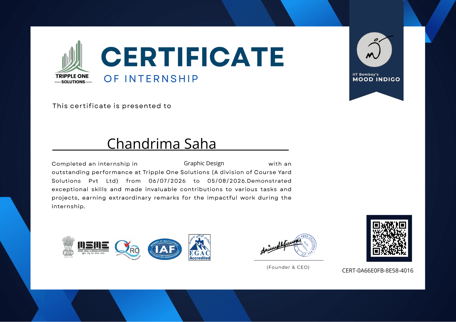 Certificate for Chandrima Saha