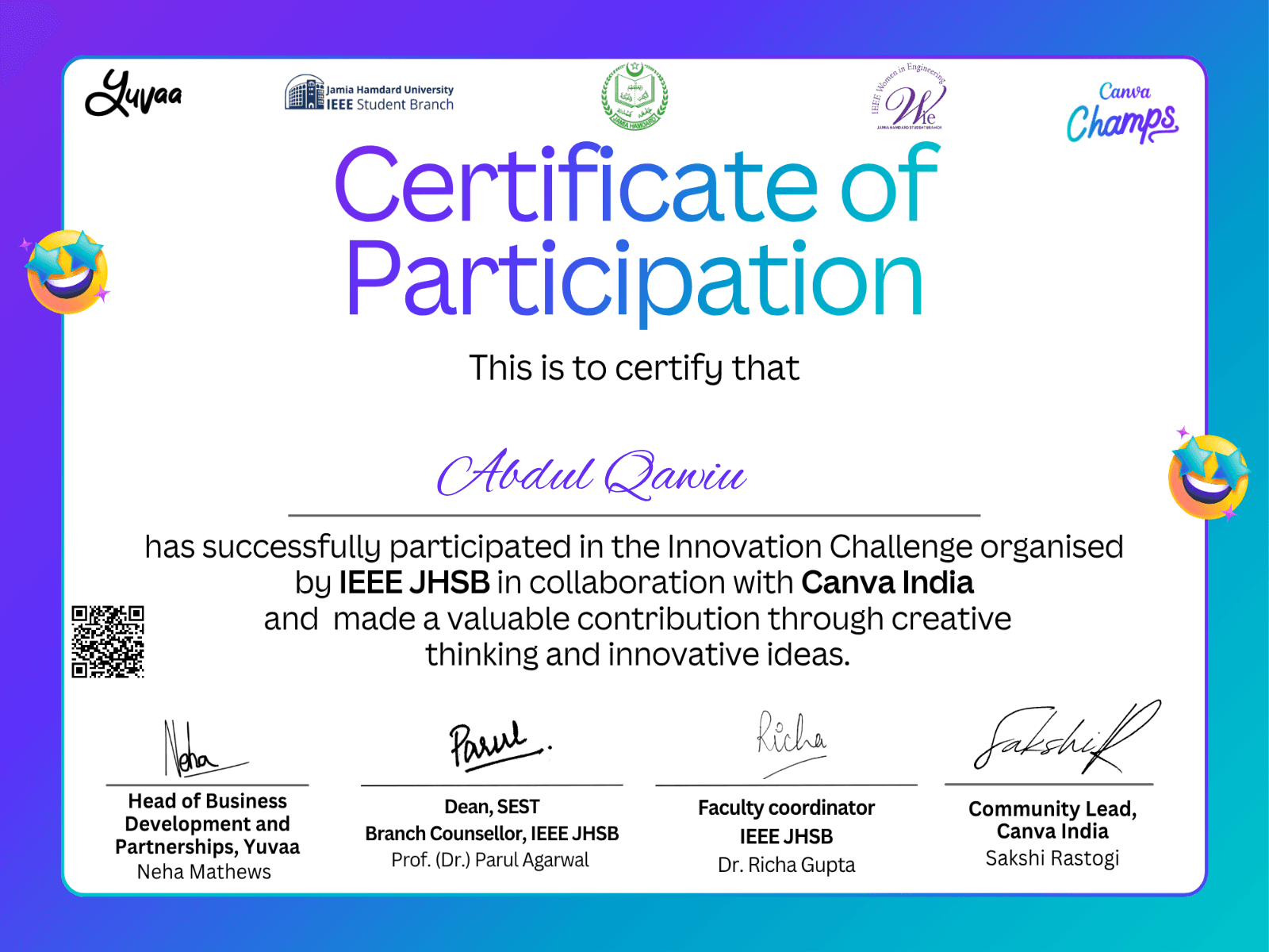 Certificate for Abdul Qawiu